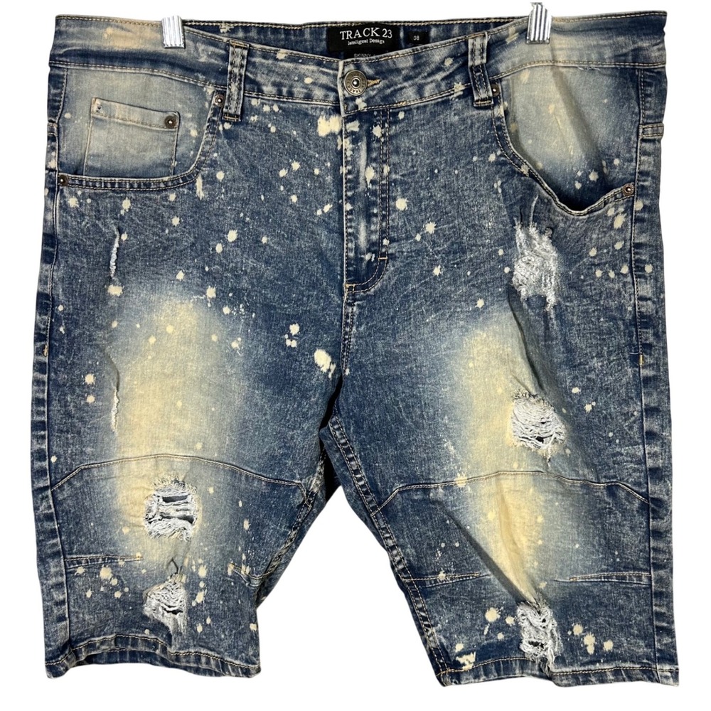 TRACK 23 Mens Skinny Fit Distressed Blue Wash Denim‎ Shorts Size 38